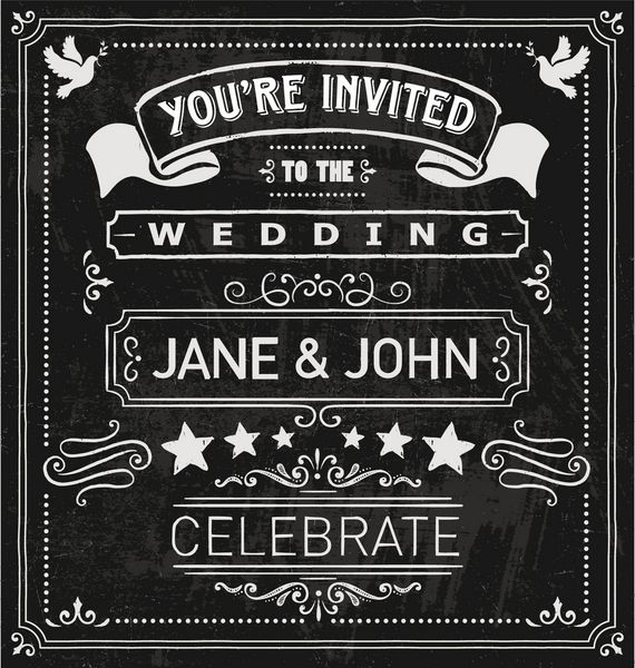 دعوتنامه عروسی به سبک تخته سیاه کشیده شده با دست با گروهی از عناصر طراحی