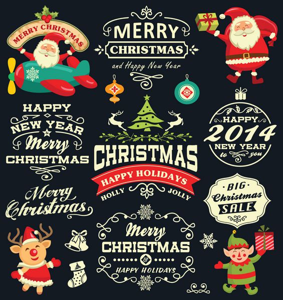 مجموعه وکتور برچسب ها نمادها و عناصر کریسمس و سال نو