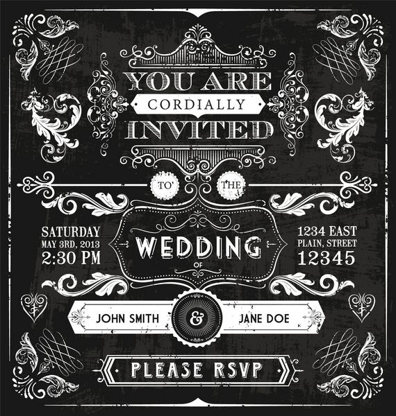 یک دعوت نامه عروسی ویکتوریایی قدیمی پر از انواع عناصر طراحی