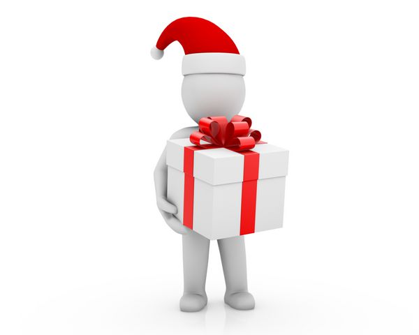 یک شخص کوچک سه بعدی یک جعبه هدیه کریسمس و سال نو قرمز با یک پاپیون طلایی به همراه دارد تصویر سه بعدی پس زمینه سفید جدا شده