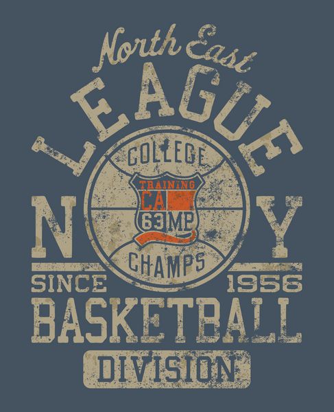 لیگ کالج بسکتبال آثار هنری وکتور قدیمی برای لباس ورزشی پسرانه در رنگ های سفارشی - افکت گرانج در لایه های جداگانه