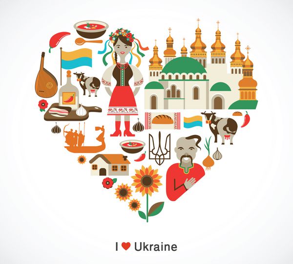 عشق اوکراین - قلب با نمادها و عناصر