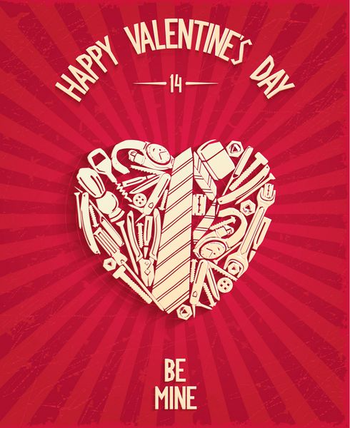 کارت پستال تبریک روز ولنتاین با اکسسوری های مردانه به صورت قلب و متن سه بعدی BE MINE وکتور