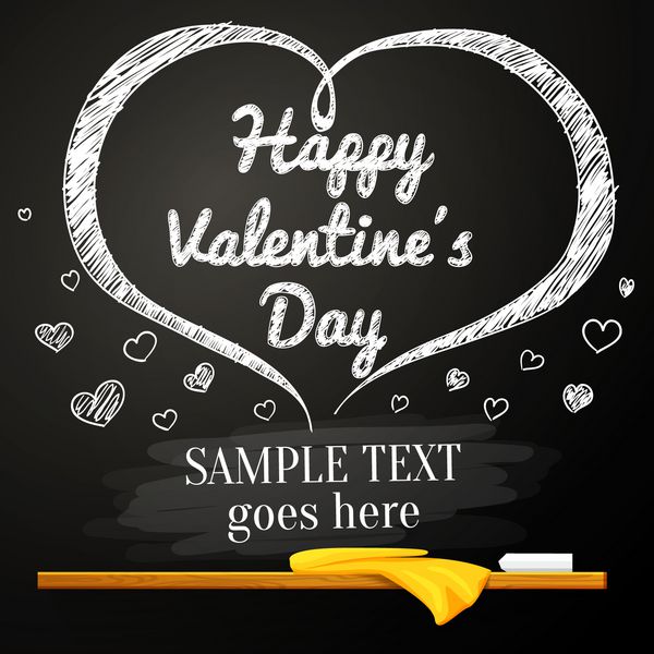 پیام تبریک روز ولنتاین روی تخته سیاه کلاسیک به شکل قلب با قلب های کوچک نزدیک به بزرگ با جای متن شما بردار
