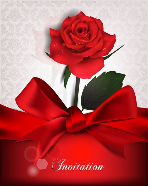کارت پستال دعوت زیبا با رز قرمز و روبان ابریشمی