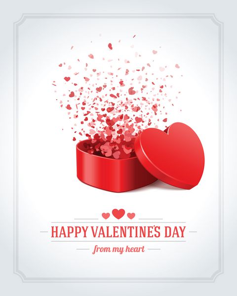 کارت تبریک روز ولنتاین و کادو قلب باز و پس زمینه قلب های جریان