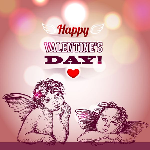 روز ولنتاین مبارک - کارت تبریک فرشتگان و قلب های ولنتاین وکتور