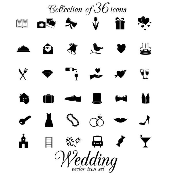 مجموعه ای از 36 نماد عروسی جدا شده در پس زمینه سفید وکتور