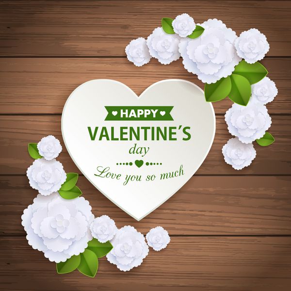 کارت تعطیلات روز ولنتاین مبارک با قلب کاغذی و گل روی پس زمینه چوبی این وکتور را می توان به عنوان کارت تبریک یا دعوت عروسی برای طراحی شما استفاده کرد
