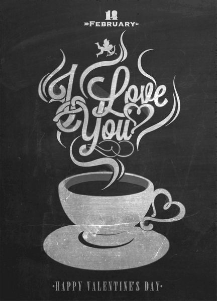 پس زمینه تایپوگرافی روز ولنتاین مبارک با قهوه روی تخته سیاه با گچ