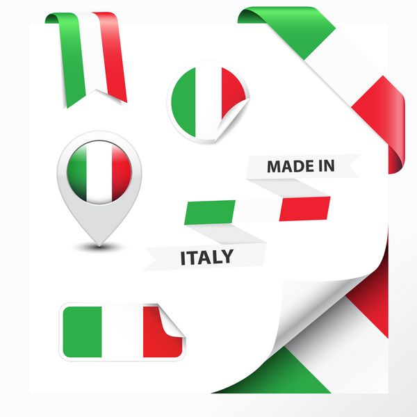 مجموعه ای از روبان برچسب برچسب نشانگر نشان نماد و پیچ صفحه با نماد پرچم ایتالیا ساخته شده در ایتالیا وکتور جدا شده در پس زمینه سفید