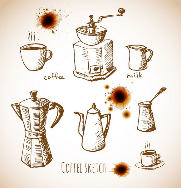 مجموعه ای از عناصر قهوه لکه های واقعی قهوه وکتور