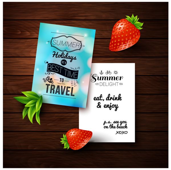 پوستر تعطیلات تابستانی با جلوه تار در پس زمینه چوبی وکتور