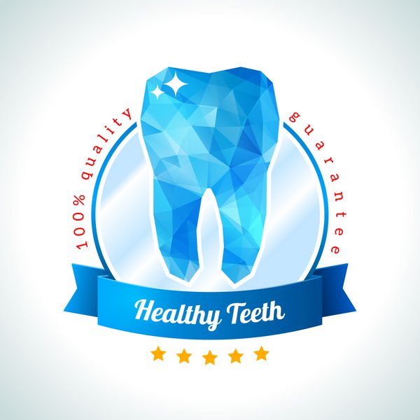 برچسب کیفیت و تضمین دندانپزشکی دندان وکتور آبی چند ضلعی تصویر انتزاعی پس زمینه دندان با روبان و پنج ستاره دندان از مثلث ساخته شده است علامت دندانپزشکی