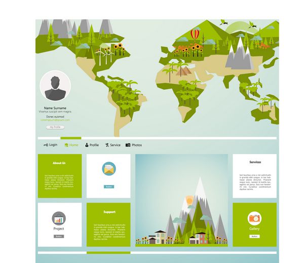 الگوی وب سایت مدرن Eco با تصویر نقشه زمین با محیط زیست مسطح
