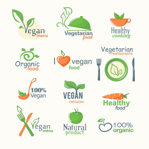 نمادهای وکتور غذاهای طبیعی ارگانیک علائم گیاهی و گیاهخواری