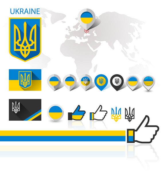 پرچم و نشان اوکراین با نقشه جهانی وکتور