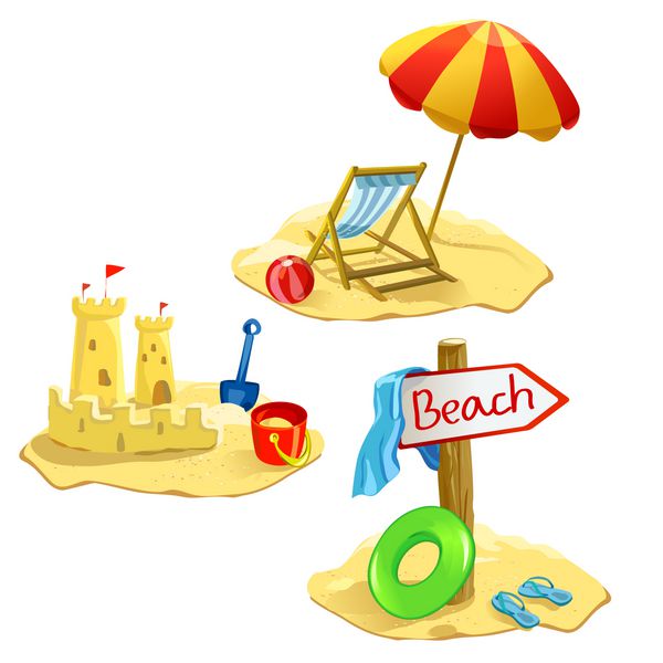 مجموعه نمادهای ساحلی و تفریحی جدا شده وکتور