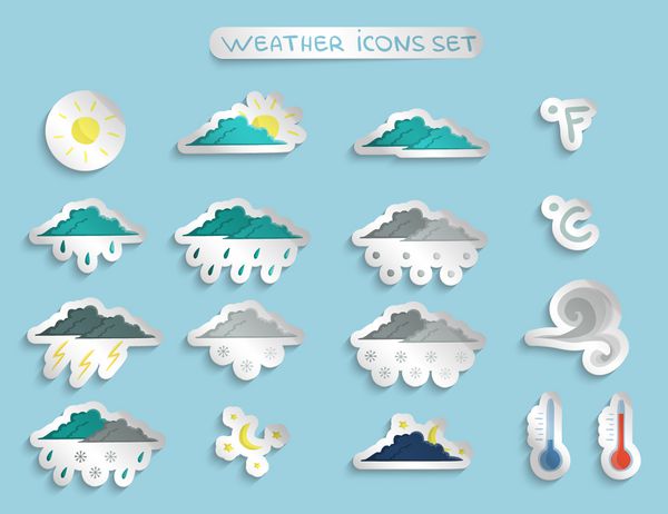 مجموعه برچسب‌ها یا نشان‌های پیش‌بینی آب و هوا از وکتور آسمان ابری و طوفانی واضح