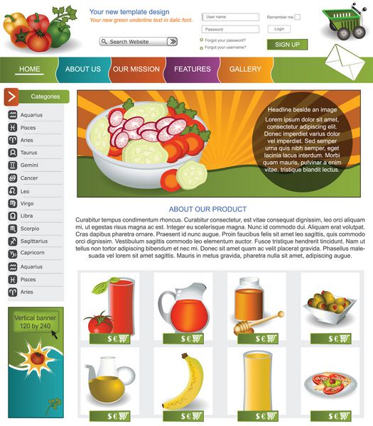 طراحی قالب وب سایت به همراه آیکون و تصاویر مربوط به سبزیجات