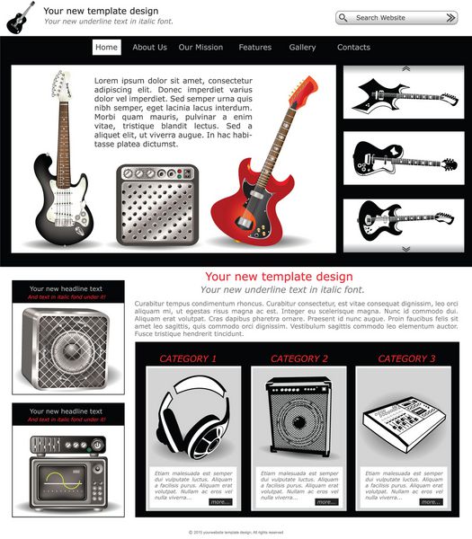 طراحی قالب وب سایت به همراه آیکون و تصاویر مرتبط با موسیقی گیتار