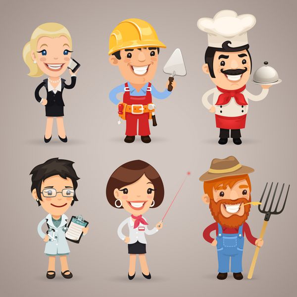 Professions Cartoon Characters Set1 2 در فایل EPS هر عنصر به صورت جداگانه گروه بندی شده است