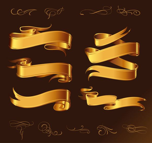 مجموعه خطوط ظریف از عناصر طراحی طلایی جدا شده در پس زمینه قهوه ای تیره