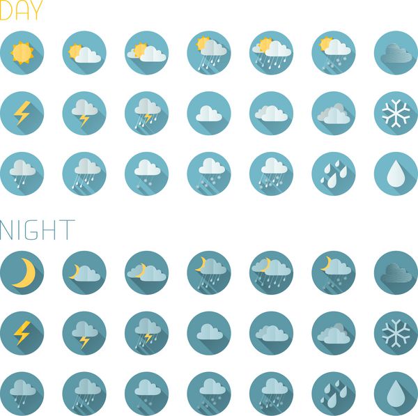 مجموعه ای از آیکون های هوای صاف گرد جدا شده در پس زمینه سفید نمادهای روز و شب سایه های مسطح