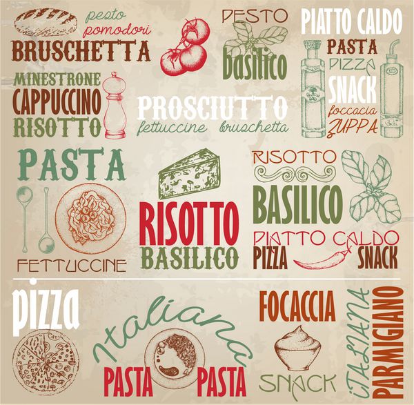 برچسب‌های رترو ایتالیا با عناصر طراحی شده با دست