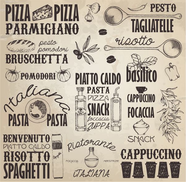 برچسب‌های رترو ایتالیا با عناصر طراحی شده با دست