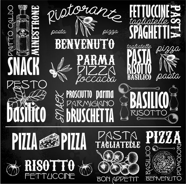برچسب های ایتالیا با عناصر طراحی شده با دست