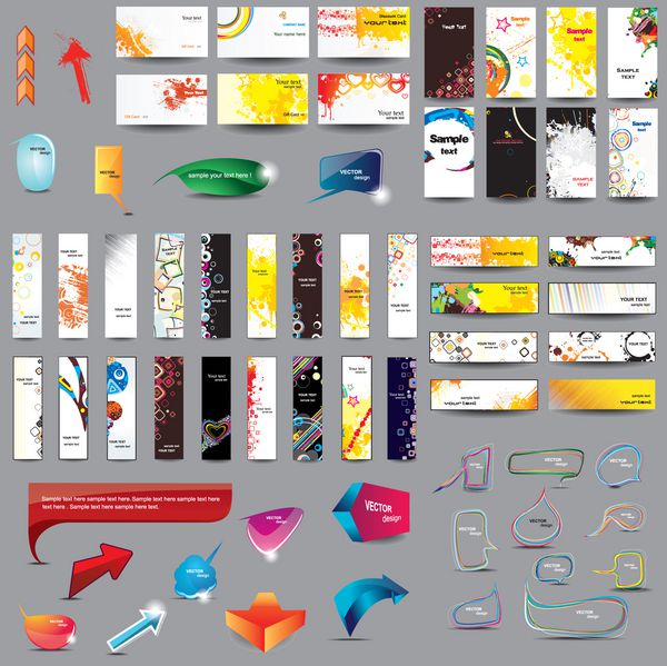 کارت‌های عمودی و افقی هدرها حباب‌های گفتار و عناصر طراحی وب در موضوعات مختلف را مخلوط کنید