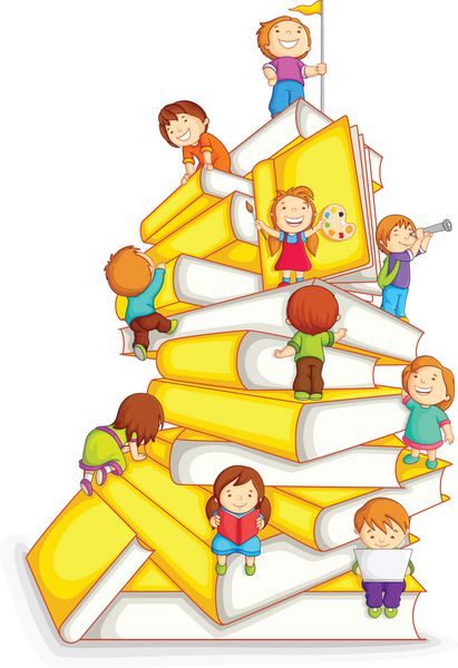 وکتور از بچه ها در حال بالا رفتن از پشته کتاب