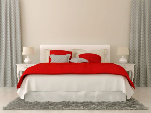اتاق خواب با روتختی و پرده های قرمز و خاکستری به سبک کریسمس تزئین شده است