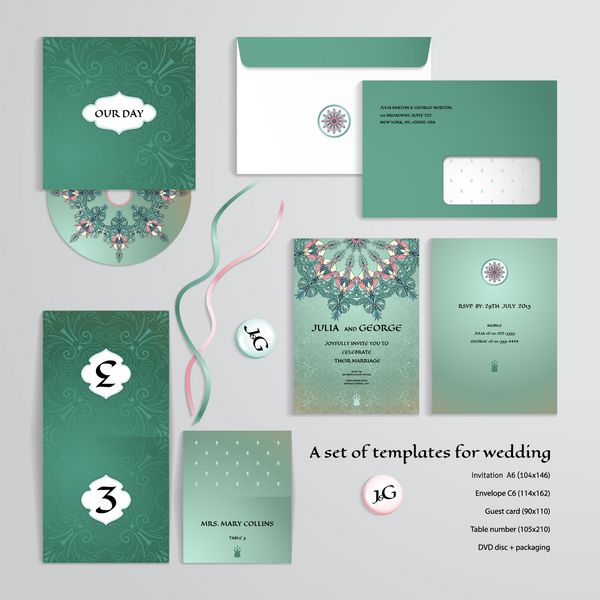قالب های وکتور برای طراحی عروسی الگوی گل با گل های فانتزی دعوتنامه پاکت نامه کارت مهمان شماره میز دیسک های بسته بندی آهن ربا و نوار ابعاد داده شده است