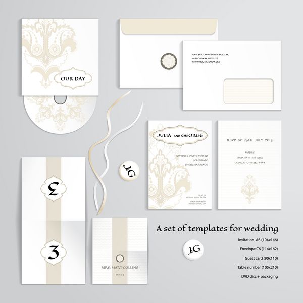 قالب های وکتور برای طراحی عروسی الگوی گل شرقی در پس زمینه قدیمی دعوتنامه پاکت نامه کارت مهمان شماره میز دیسک های بسته بندی آهن ربا و نوار ابعاد داده شده است