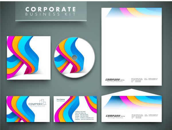 کیت هویت شرکتی حرفه ای یا کیت تجاری با جلوه موج هنری و انتزاعی برای کسب و کار شما شامل طرح های جلد سی دی کارت ویزیت پاکت نامه و طرح های سر نامه در فرمت است