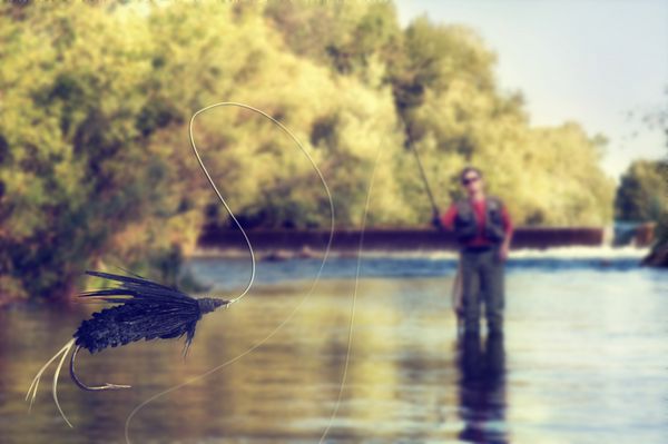 شخصی در حال ماهیگیری در رودخانه با مگس در پیش زمینه پرواز می کند