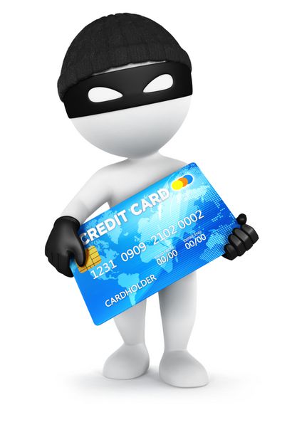 دزد سه بعدی سفیدپوستان با کارت اعتباری پس زمینه سفید جدا شده تصویر سه بعدی