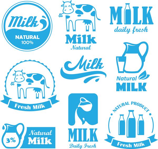 مجموعه ای از برچسب ها و نمادهای آبی برای شیر در وکتور