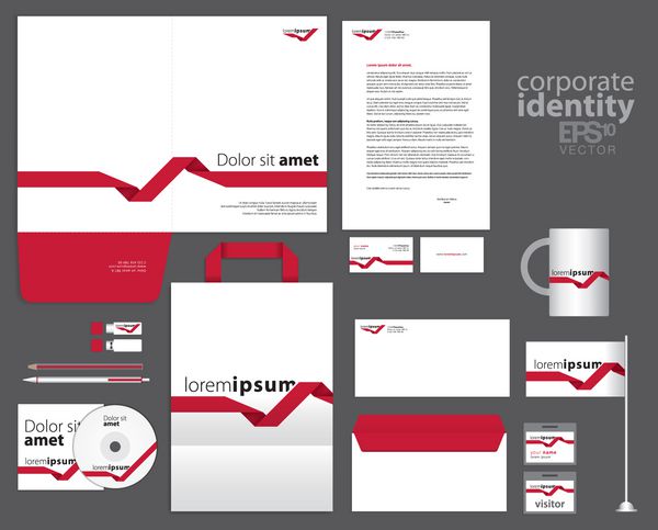 طراحی قالب هویت شرکتی با خطوط قرمز بروشور پاکت نامه و پاکت کاغذی کارت ویزیت نامه به سبک وکتور ساده