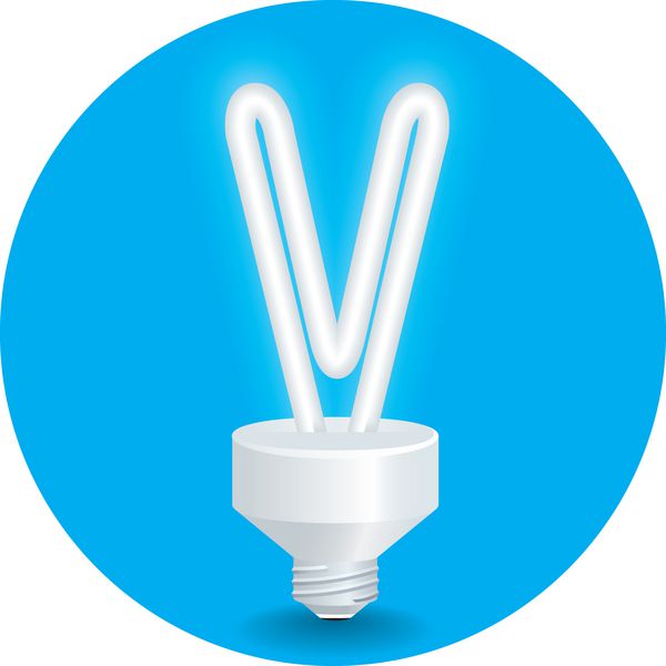 وکتور ایده صرفه جویی در انرژی لامپ ایزوله حرف V را روی پس زمینه آبی ایجاد کنید