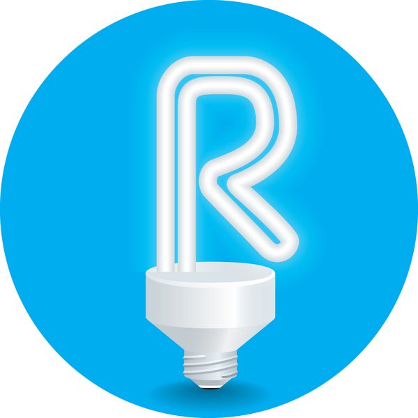 وکتور ایده صرفه جویی در انرژی ایزوله حرف R لامپ را روی پس زمینه آبی ایجاد کنید