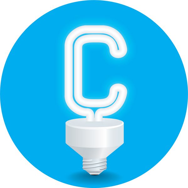 وکتور ایده صرفه جویی در انرژی لامپ ایزوله حرف C را روی پس زمینه آبی ایجاد کنید