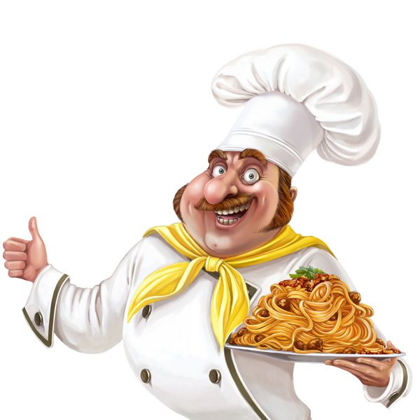 سرآشپز خوشحال طعم اسپاگتی را با سس گوشت جدا شده روی پس زمینه سفید ارائه می دهد