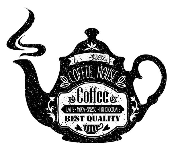 منوی کافه Vintage با شکل قوری و سبک حروف گچی سیاه و سفید بردار