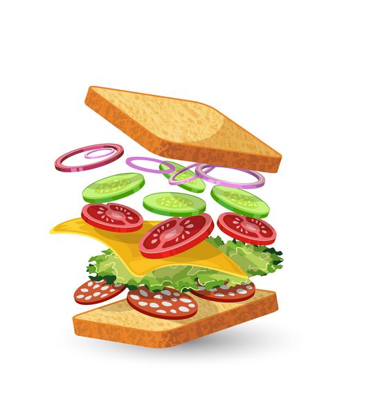 نماد غذایی مواد ساندویچ سالامی با نان پیاز خیار پنیر گوجه فرنگی کاهو سالامی جدا شده وکتور