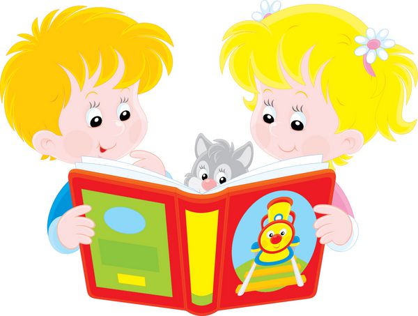 دختر و پسر کوچک در حال خواندن کتاب