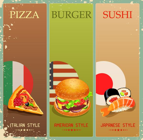 پوستر با برگر پیتزا سوشی به سبک وینتیج منو