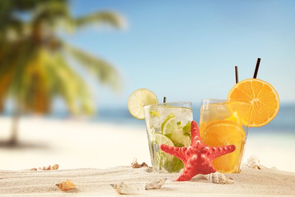 مفهوم تابستان با نوشیدنی های عجیب و غریب ستاره دریایی و لوازم جانبی